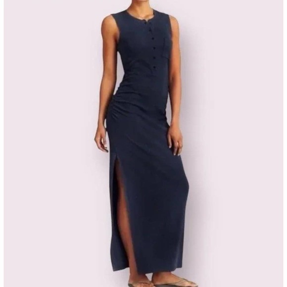 Athleta Dresses & Skirts - Athleta Ribbed Sleeveless Maxi Dress Navy Blue Snap Henley Slit Stretchy Comfy S